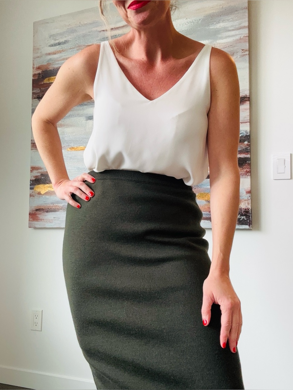RODIER Paris Dark Olive Green Ribbed Knit Maxi Skirt Medium